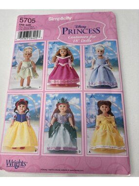 Simplicity Disney Princess Costume Size 18" Doll Pattern 5705 Uncut